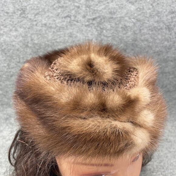 Vintage 1950's Union Made Women's Open Crown Brown Fur Net Halo Hat Pom Pom - Picture 1 of 6